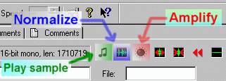 You can increase the sample colume with the normalize and amplify buttons.
