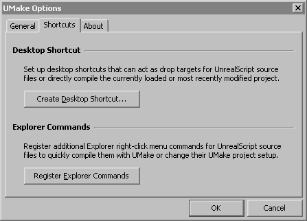 [UMake options, shortcuts tab]