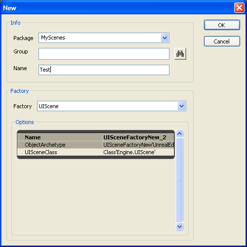 Creating a new UIScene, called 'MyScenes.Test'