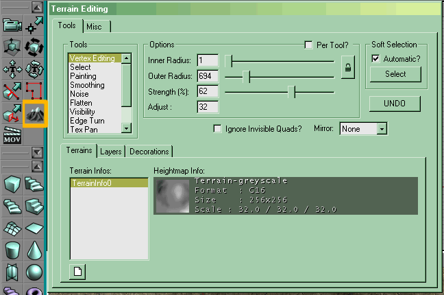 The Terrain Editing window, with its icon highlighted