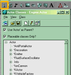The Actor Classes Browser, with the toolbar button highlighted