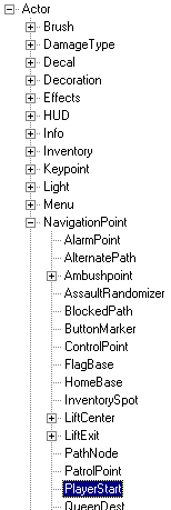 UnrealEd 2 ActorList; PlayerStart Highlighted.