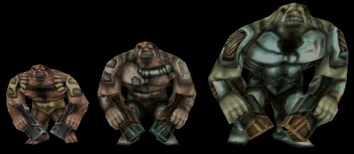 From left:  LesserBrute, Brute, and Behemoth.  A standard Brute is slightly taller than a SkaarjTrooper.
