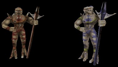 A standard Krall on the left, and a Krall Elite on the right.  When standing in place, a Krall appears almost as tall as a Skaarj Warrior.  However, a Krall seems noticably shorter when walking or running.
