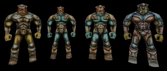 Skaarj Trooper classes (and their default weapons) from left to right:  Skaarj Infantry (Stinger), Skaarj Sniper (Assault Rifle), Skaarj Gunner (Eightball Gun), and Skaarj Officer (Razorjack).  The standard Skaarj Trooper uses a Dispersion Pistol as its default weapon.  Also, the Skaarj Officer is slightly taller than all other Skaarj Troopers, but this isn't as noticable as the height difference of the Skaarj Berserker compared to other Skaarj Warriors.