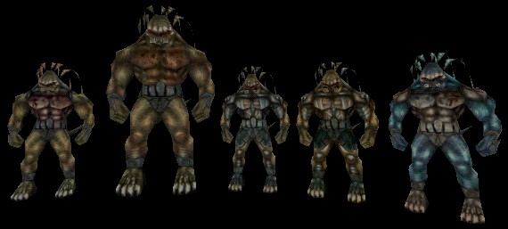 Skaarj Warrior classes from left to right:  Skaarj Scout, Skaarj Berserker, Skaarj Assassin, Skaarj Lord, and Ice Skaarj.