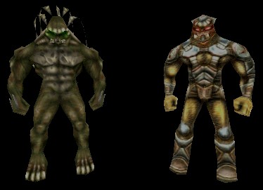 A standard Skaarj Warrior on the left, and a standard Skaarj Trooper on the right (pictured without a weapon).  People should notice that they are EXACTLY the same height, not counting the Skaarj Warrior's dreadlocks.