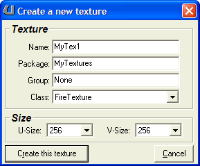The "Create a new texture" dialog in UnrealEd 1.